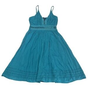 Karizma Teal Blue Cotton Beaded Boho Midi Dress Crochet Lace Smocked Back y2k t1